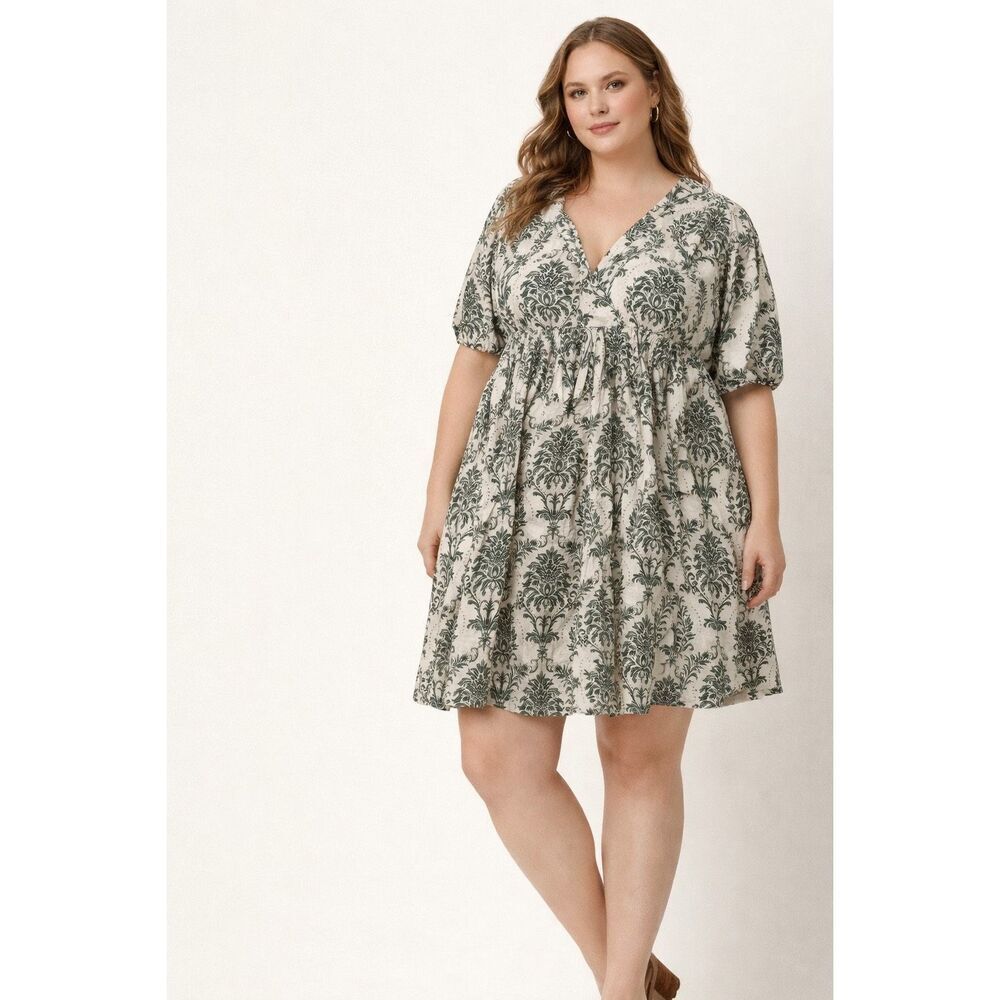 Bloomchic Floral Babydoll Dress Rayon Size 12 Green Ivory Mini